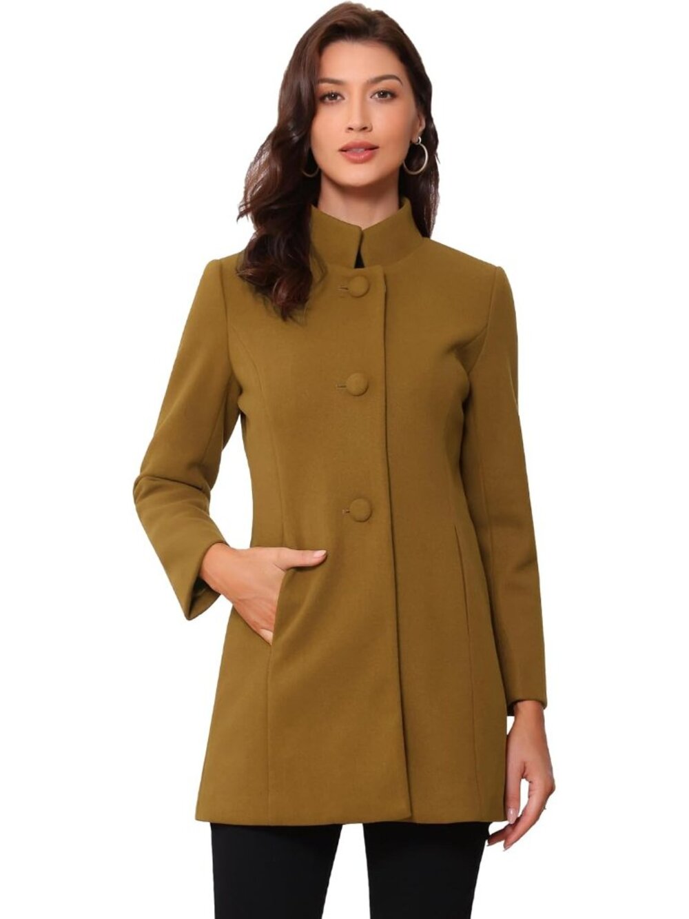 Women Mustard Mid-long Stand Collar Single Breasted Loose Fit Winter Trench Coat